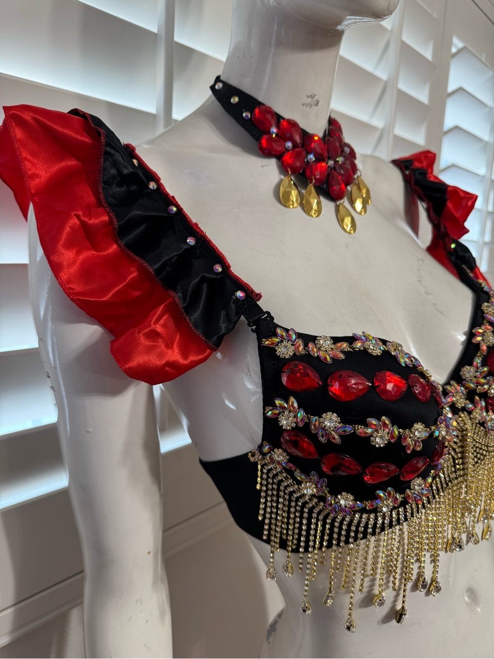 New L red jeweled black bra top lingerie festival rave outfit carnival beaded - Picture 4 of 13